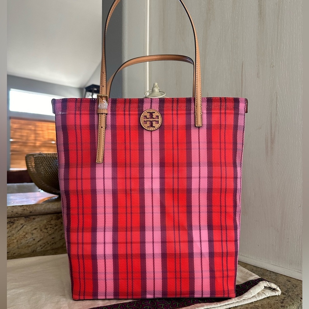 💖 New Tory burch EMERSON MESH N/S MARKET TOTE PINK / RED MULTI
